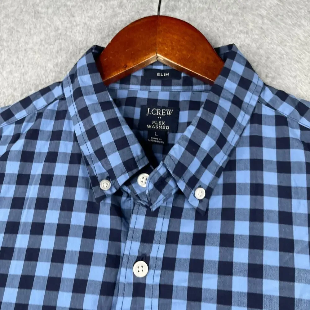 J Crew Flex Washed Slim Shirt Blue Navy Gingham Check Button Up Long Sleeve L